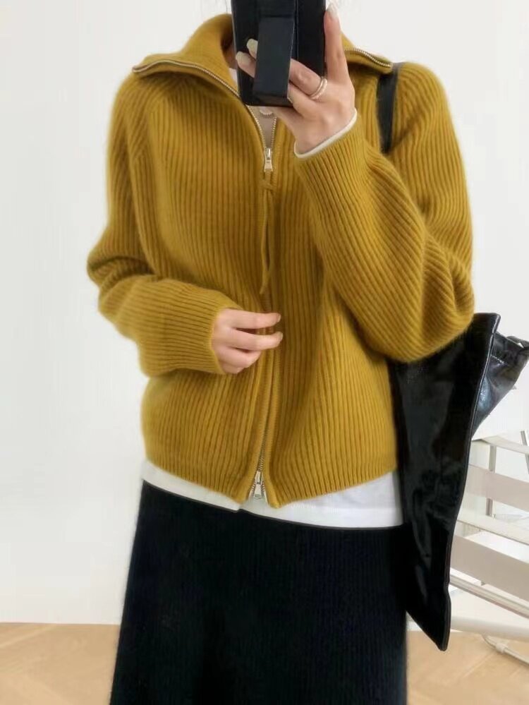 秋冬季新款宽松舒适简约女长领带绳拉链针织开衫,女装羊毛衫,恒恩羊绒