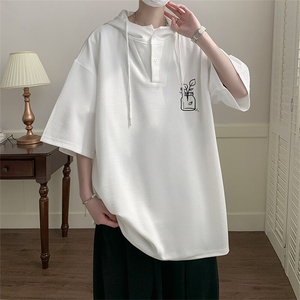 LD5430-P45 连帽短袖t恤男大码胖子带帽五分袖中袖图片