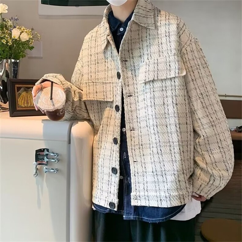 秋冬简约翻领潮新款男气质标准夹克长袖潮流青春流行格子外穿百搭图片