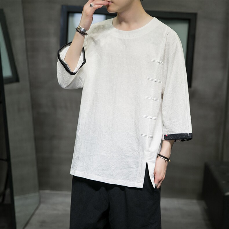 2025夏季新款风棉麻唐装短袖体恤男七分袖QT6008-1/T063/P60,男装T恤,电商A008