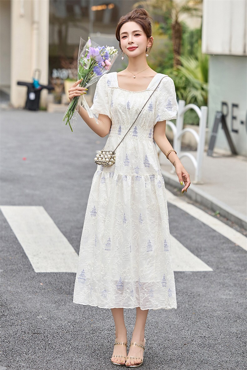 现货-时尚潮流亮片刺绣提花高级淑女显瘦中长款连衣裙,女装连衣裙,尚羽泽网红店