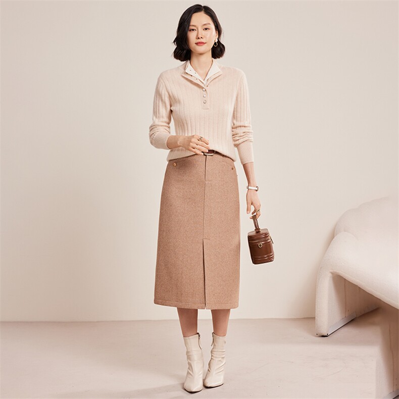 时尚双层领系扣坑条女士秋冬羊绒衫30%羊绒，女装羊绒衫，名驰羊绒