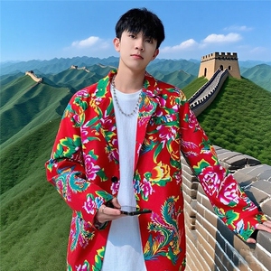 XZ01秋文艺男大码宽松西服东北大花潮牌开衫男女风民族特色图片