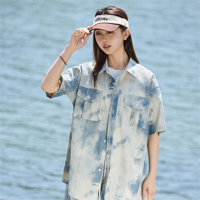 水墨扎染工装短袖衬衫女款夏季新款半袖衬衣外套A406C6066特P40，男装衬衫，星座309（原A406）