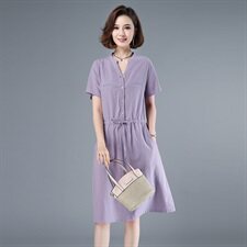2021年夏季韩版通勤中长款a字裙半开领系带40-49周岁高腰裙子，女装连衣裙，伊满意