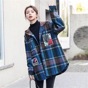 大码宽松微胖MM呢子外套2025秋装新款开衫连帽格子衬衫加厚衬衣冬，女装毛呢外套，意芙