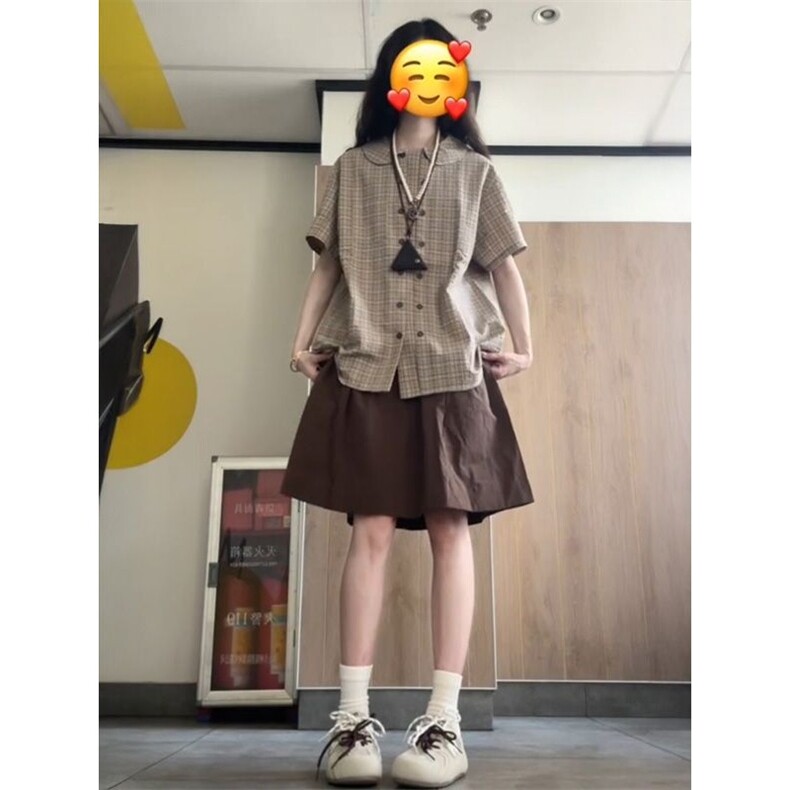 夏季穿搭一整套日系复古时尚小个子格子双排扣衬衫搭配咖色裤子,男装衬衫,星座1210-1