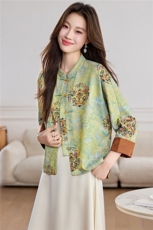 现货中式人丝锦缎通勤女2026年春秋新款提花巨好看短款外套，女装短外套，木橙西子