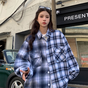D596-P55 设计感拼接格子衬衫男女情侣休闲衬衣外套2024年新款图片