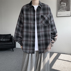 衬衫男秋季新款港风宽松大码磨毛格子长袖衬衣CS6639-P35，男装衬衫，星座214-3