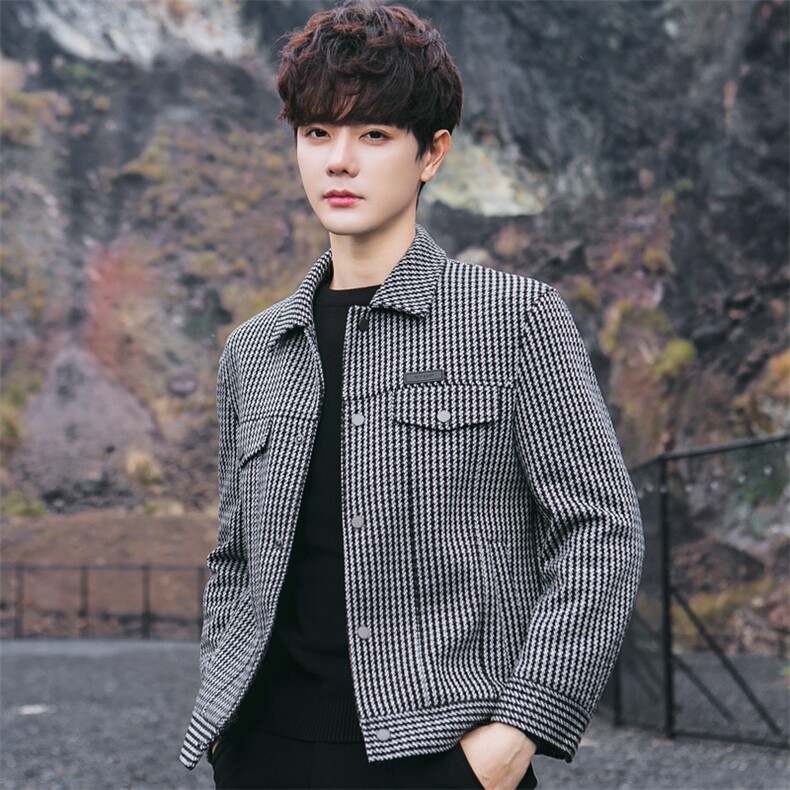 千鸟格火焰山春秋季休闲翻领夹克韩版高级感帅气格子上衣7778P240，男装夹克，电商A355（原A415）