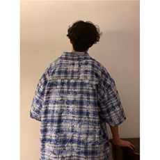 格子短袖衬衫男士夏季潮牌日系宽松半袖衬衣P38，男装衬衫，星座1116-2