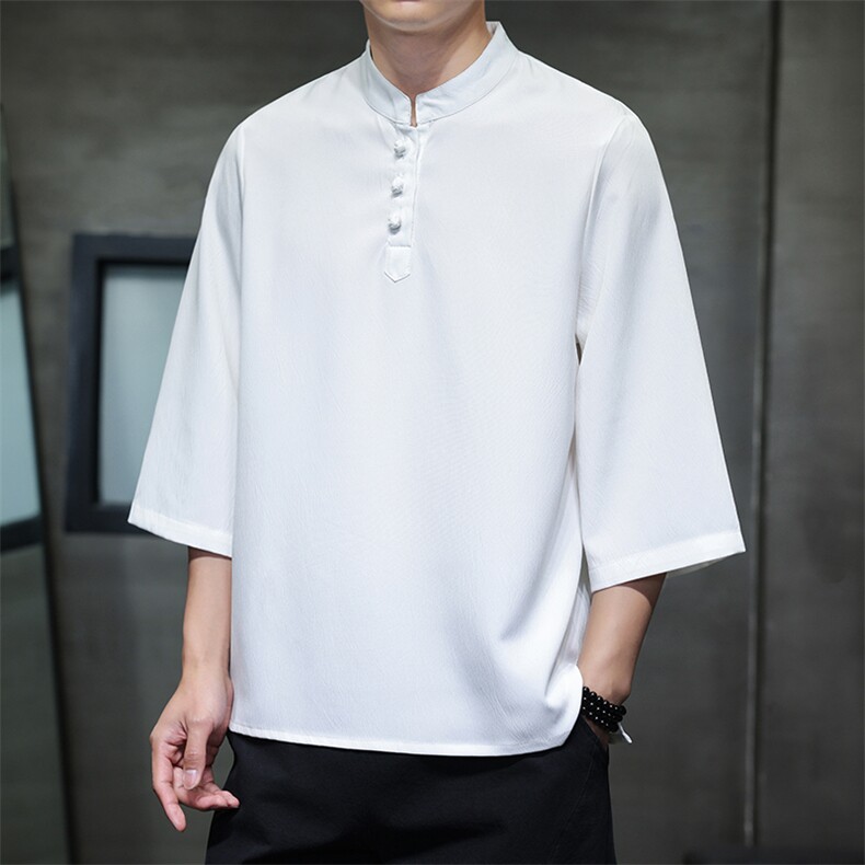 2025新款夏季风纯色立领上衣盘扣休闲T恤宽松潮流男T2505-P45,男装T恤,电商A008