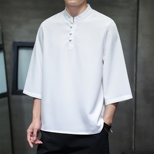 2025新款夏季风纯色立领上衣盘扣休闲T恤宽松潮流男T2505-P45图片