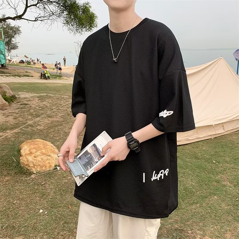 短袖T恤男士夏季港风宽松七分袖韩版ins潮流百搭上衣T1444-P20,男装T恤,星座512-2