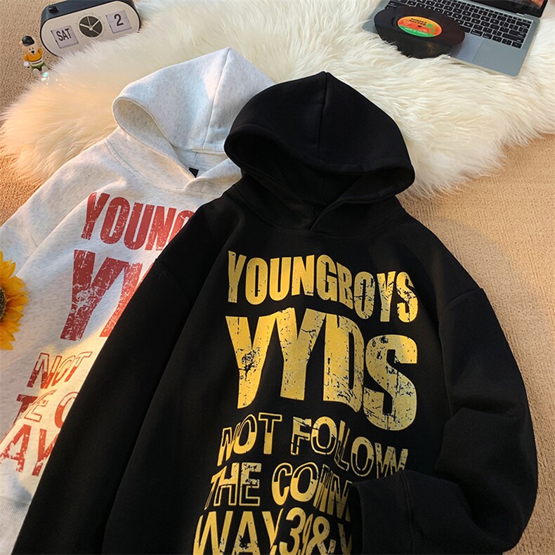 美式复古斑驳字母连帽卫衣男女秋冬帽衫外套XZ225-3-WY09-P48控68图片
