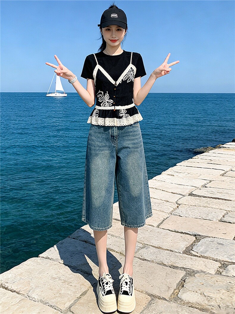 高级感时尚休闲套装夏圆领刺绣蕾丝拼接假两件上衣牛仔中裤两件套,女装套装/套裙,江南