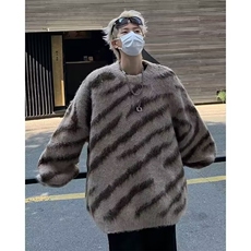 斑马纹毛衣男冬季加厚水貂绒针织衫秋冬款美式日系复古慵懒风外套，男装针织衫/毛衣，星座410-7