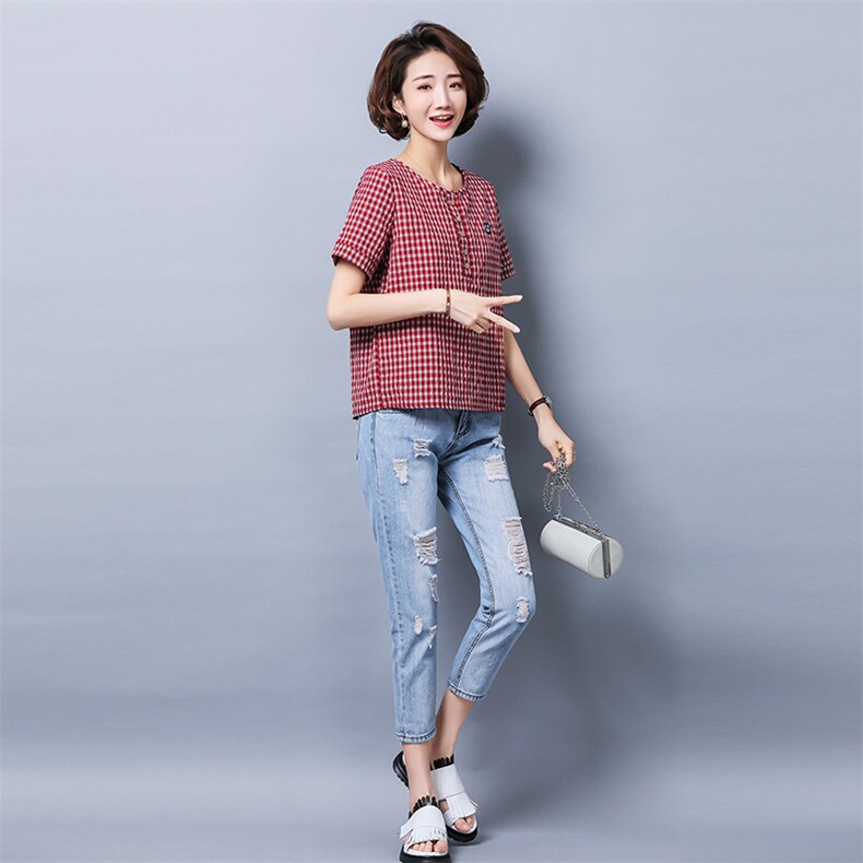纯色2021年夏季圆领时尚舒适简约百搭格子短袖,女装T恤,独衣靓