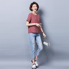 纯色2021年夏季圆领时尚舒适简约百搭格子短袖，女装T恤，独衣靓
