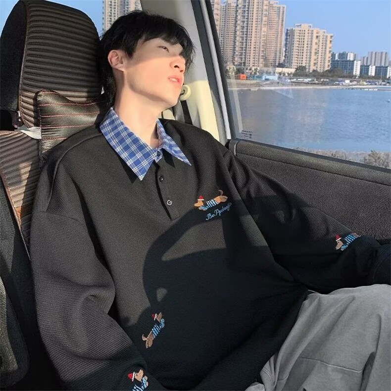 X90-P36华夫格刺绣腊肠狗长袖POLO衫男士夏季2025新款潮牌T恤i,男装Polo衫,电商B323A