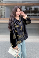 金丝绒刺绣落下反两穿风短外套H262P160K258，女装短外套，红龙果