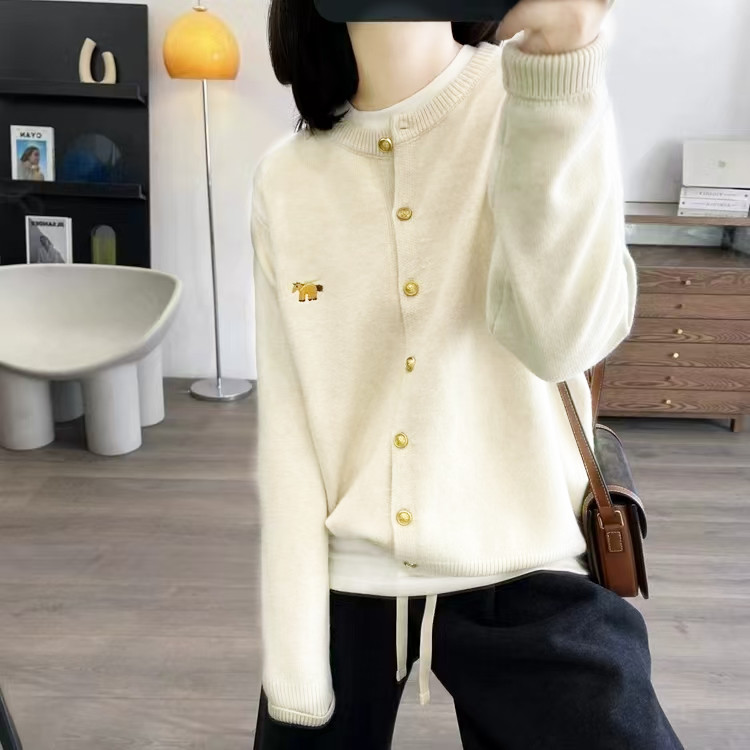 春秋新款女圆领长袖羊毛开衫修身柔软单排扣外套纯色百搭新款毛衣,女装短外套,美轩羊绒