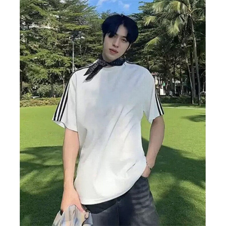 抖音得物高品质二开240克宽松纯棉美式潮牌三条杠织带短袖T恤,男装T恤,电商A486-1