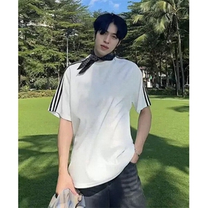 抖音得物高品质二开240克宽松纯棉美式潮牌三条杠织带短袖T恤