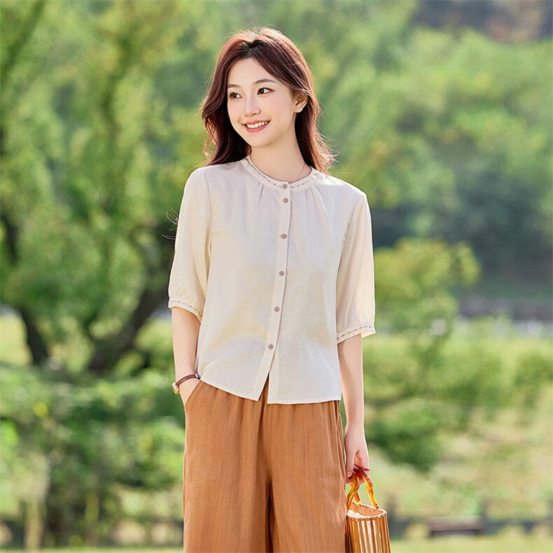 2026年春季文艺风女短袖宽松亲肤透气苎麻文艺/优雅，女装衬衫，江南依恋