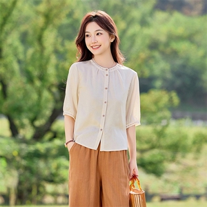 2026年春季文艺风女短袖宽松亲肤透气苎麻文艺/优雅,女装衬衫,江南依恋
