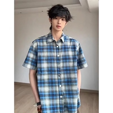美式蓝色格子短袖衬衫男夏季新款格纹衬衣休闲风宽松翻领薄外套男，男装T恤，四季星座505