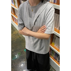 夏季设计感解构拼接短袖t恤男百搭正肩半袖小领口上衣潮 TK6图片