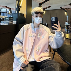 美式复古拼接撞色牛角扣毛呢棒球服夹克男秋季宽松情侣装外套，男装夹克，星座410-7