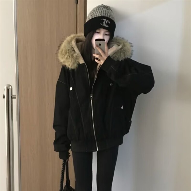 现货重磅boxy短款棉衣座山雕大毛毛领男女棉服水洗工装厚外套,男装棉衣,电商A486-1