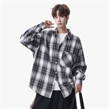 衬衫男春季新款港风宽松磨毛大码格子长袖衬衣CS606-特P28，男装衬衫，星座214-3