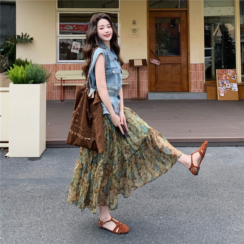 复古港风套装裙女2026夏季优雅休闲刺绣系带牛仔马甲碎花裙两件套,女装套装/套裙,流量+