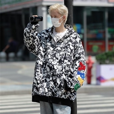 潮美式街头满印迷彩喵咪印花连帽卫衣男女款百搭外套潮JY8032，男装夹克，星座1116A-1（原606A）