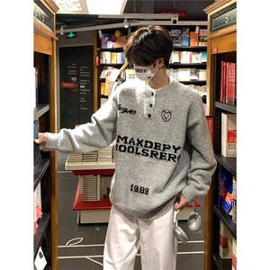 美式复古字母徽章针织衫男女秋冬韩系慵懒风宽松情侣毛衣MMY16图片