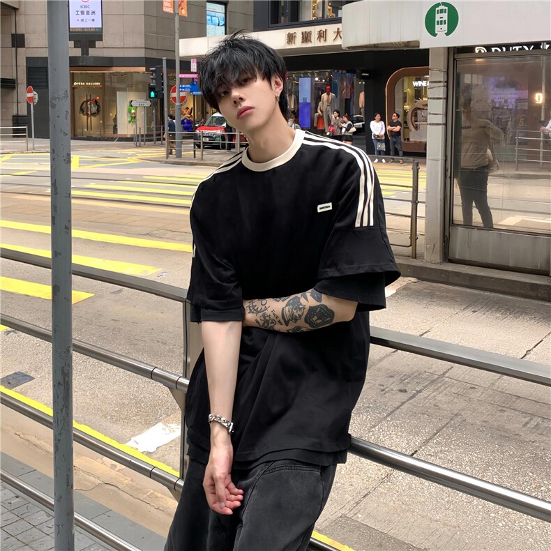 三条杠织带短袖T恤短裤五分裤套装上衣棉P28裤子棉56%P25,男装牛仔裤,电商A426-1(原A430-1)
