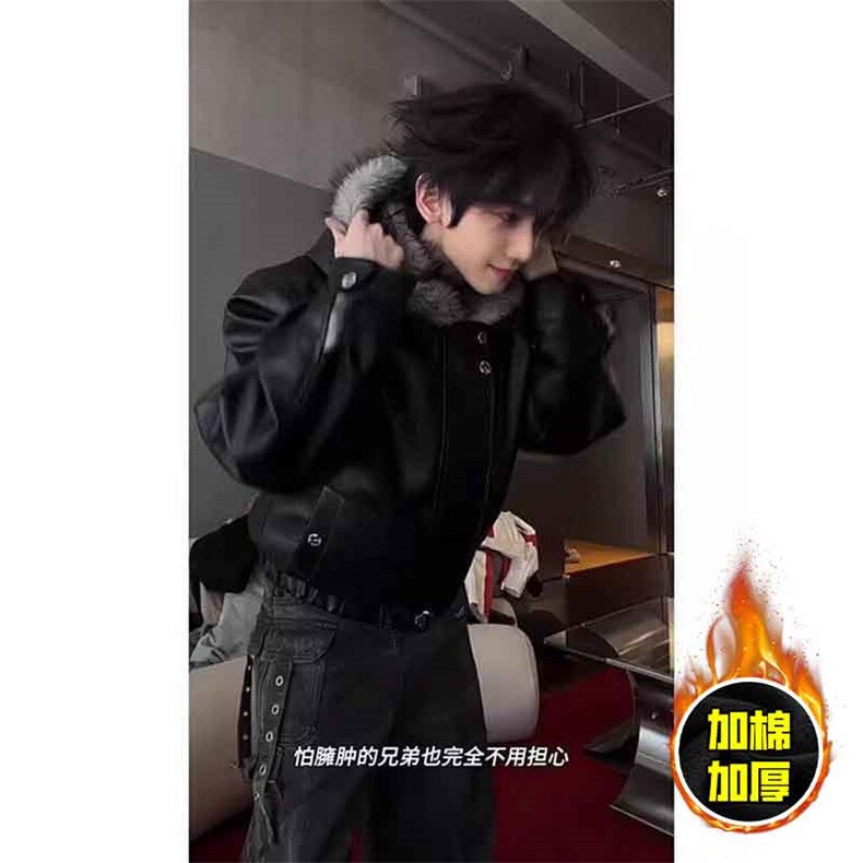现货冬季美式潮牌痞帅PU皮机车服棉衣毛毛绒狼王座山雕皮棉服,男装棉衣,电商A486