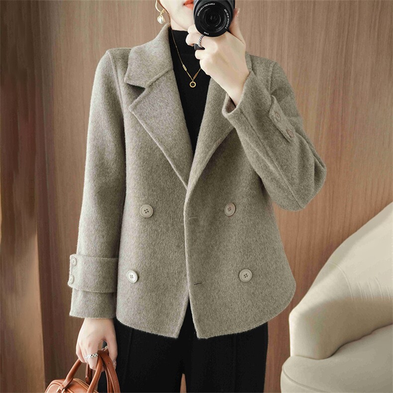 2025秋冬气质通勤纯羊毛外套毛呢女小个子灰色西装领双面羊绒大衣，女装毛呢外套，高哲羊绒
