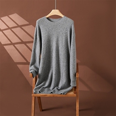 圆领中长款山羊绒衫女针织连衣裙纯色简约慵懒风毛衣百搭羊毛裙，女装连衣裙，朵沐纯羊绒