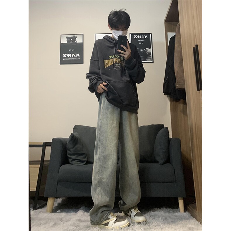 港风美式高街复古水洗抽绳磨白阔腿牛仔裤XZ213-NZBZ01-P60控78,男装牛仔裤,星座213