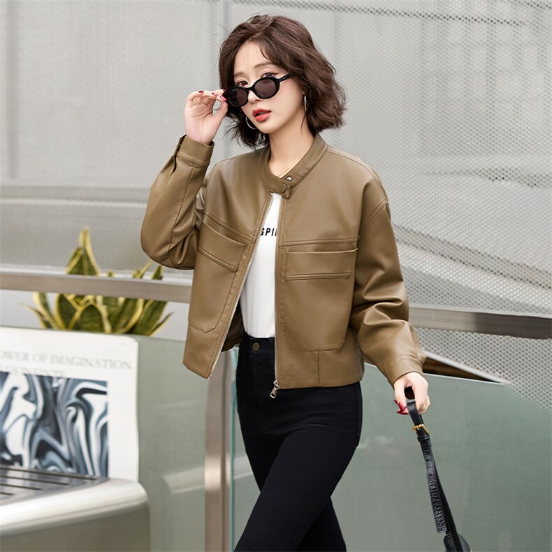 皮衣外套女装短款2024秋季新款立领时尚休闲机车风皮夹克上衣,女装皮衣,美拉德工厂直营店