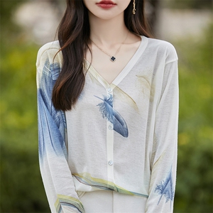 春秋新款薄款V领印花花色开衫女宽松百搭休闲长袖外搭外套上衣潮图片