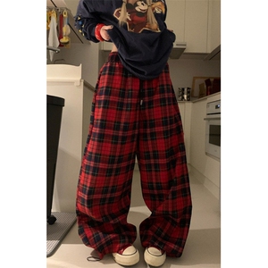 美式复古设计感拼色格子抽绳休闲裤百搭阔腿拖地长裤男女K5391