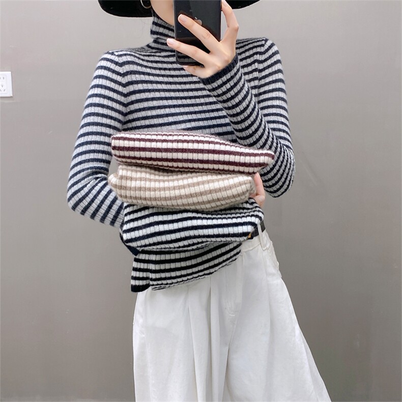 秋冬软糯100山羊绒衫女毛衣高领套头修身条纹拼色显瘦针织打底衫，女装羊绒衫，织绒羊