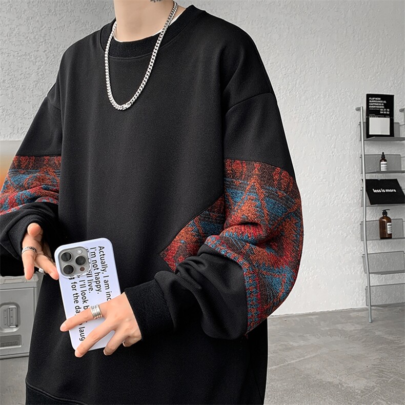 8XL-M 春秋季圆领拼接撞色民族风卫衣男新款潮牌上衣服WY005P58图片