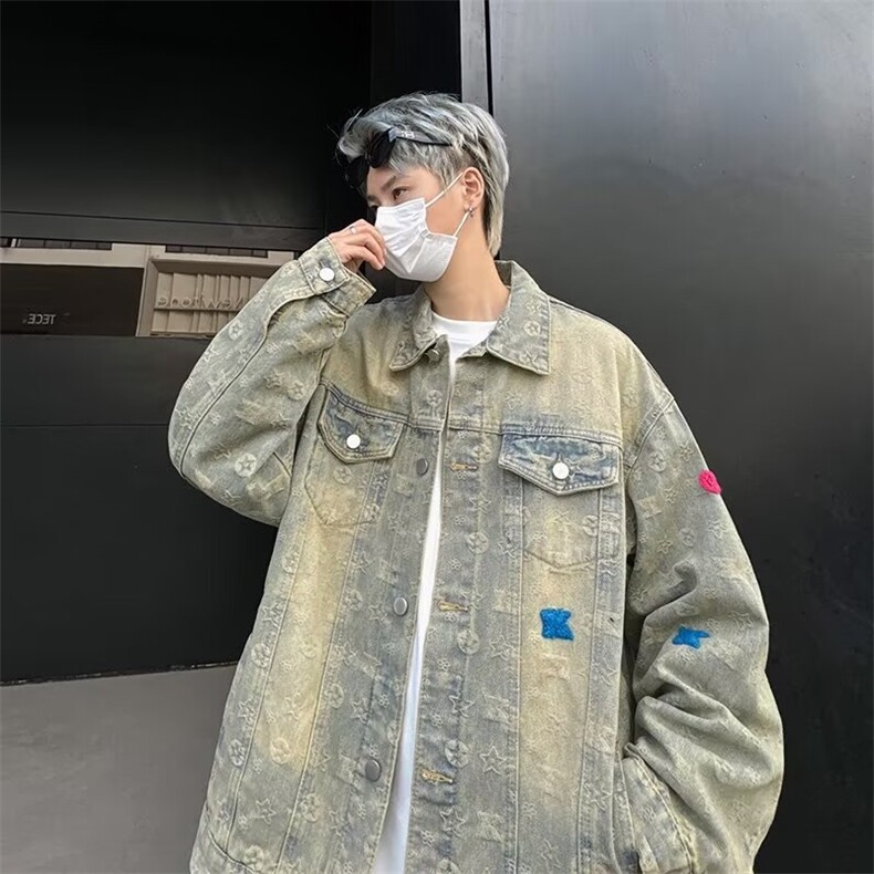 黄泥色牛仔外套男冬季做旧夹克美式hiphop复古潮牌上衣W6286-P76图片